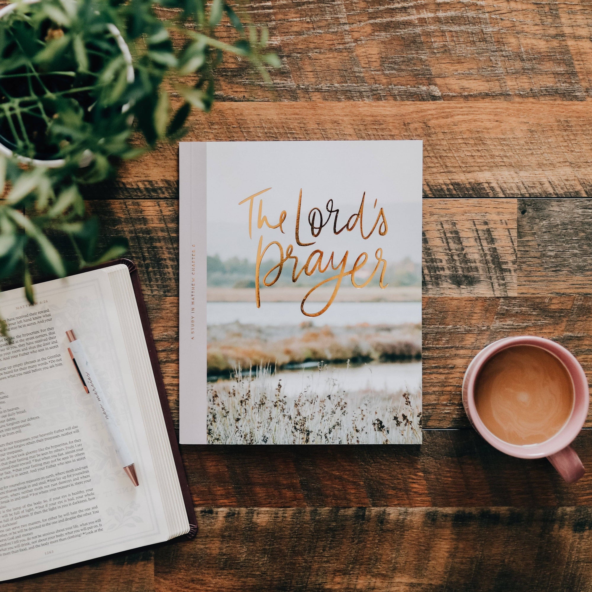 Book titled &#39;The Lord&#39;s Prayer&#39; on a wooden table with a cup of coffee and a plant.