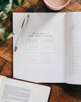 Open book on a wooden table with a pen and cup of coffee