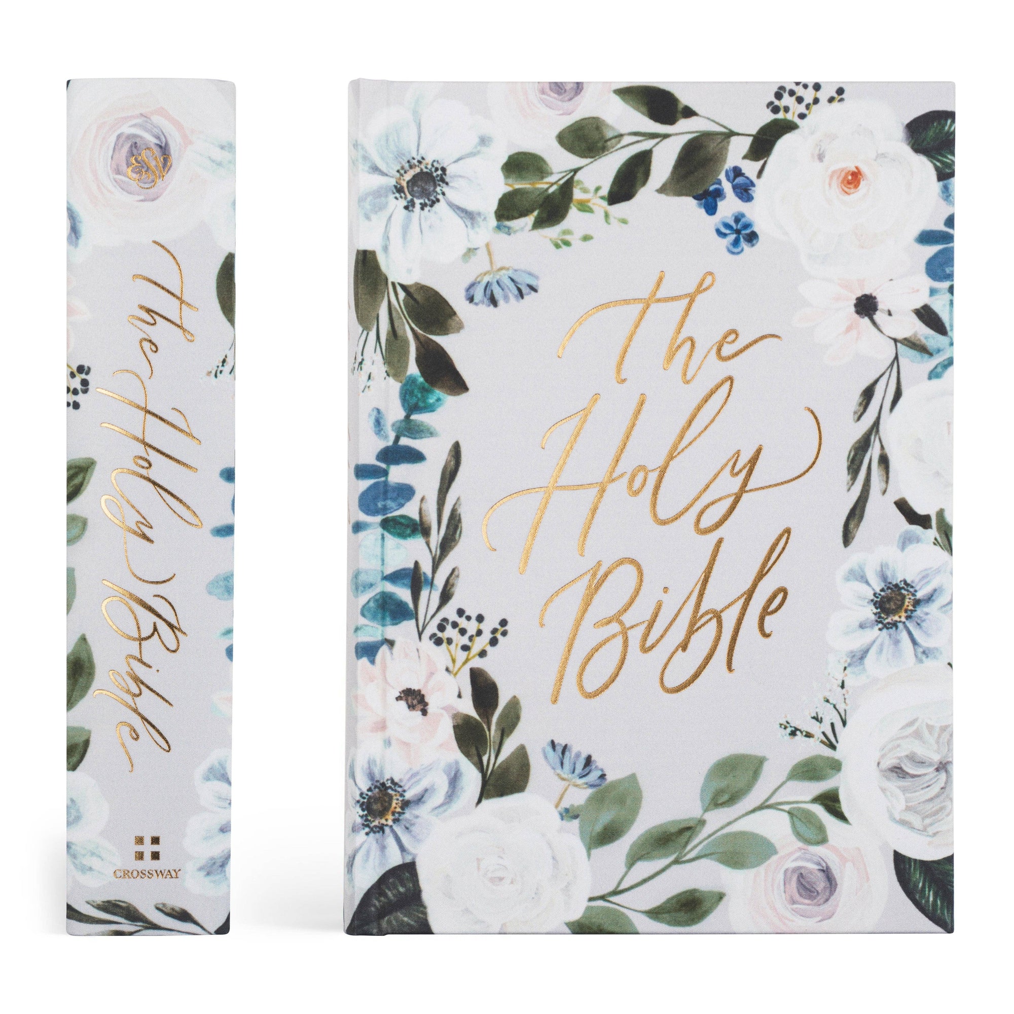 Floral decorated Bible cover with 'The Holy Bible' text on a white background