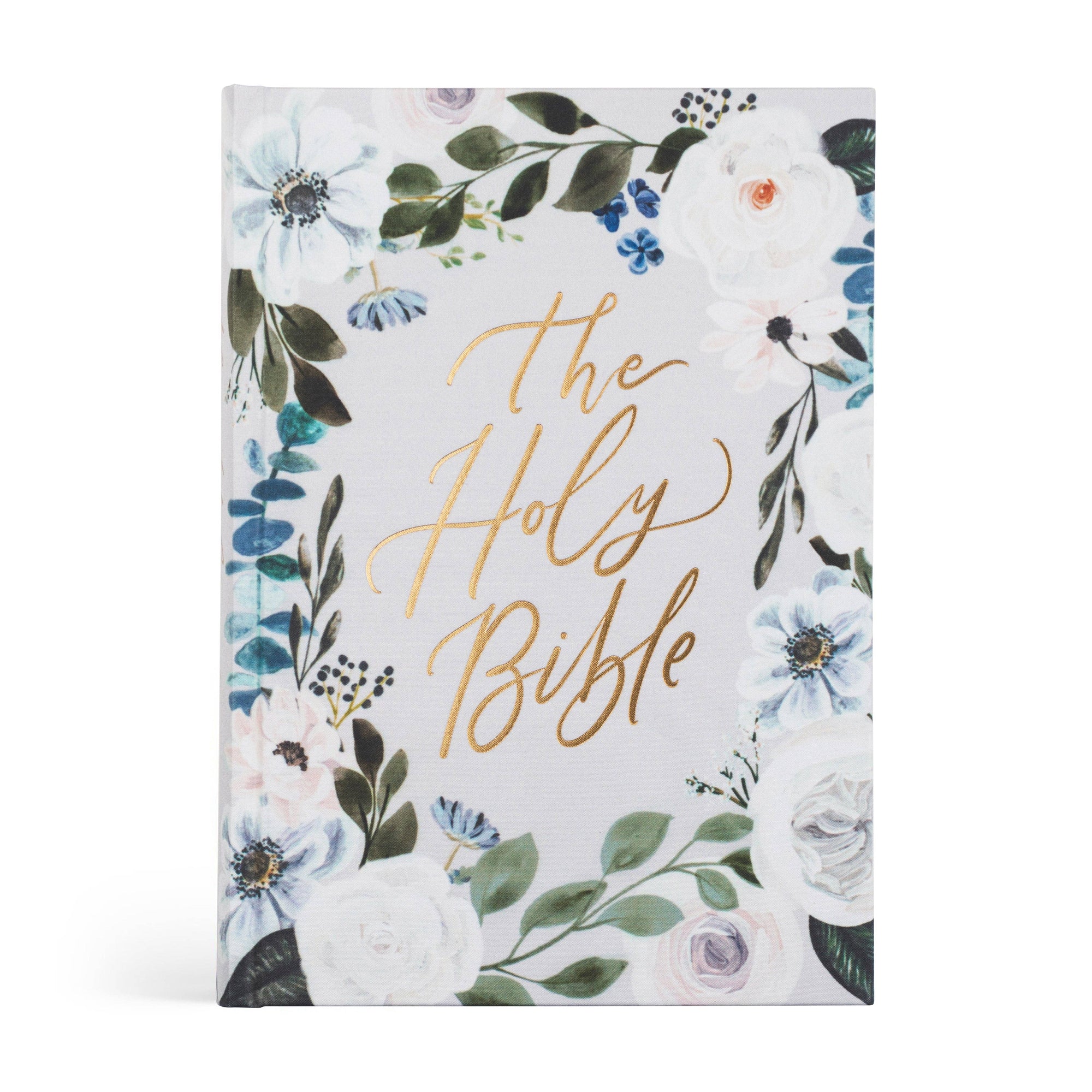 Floral design cover of 'The Holy Bible' with gold text on a white background