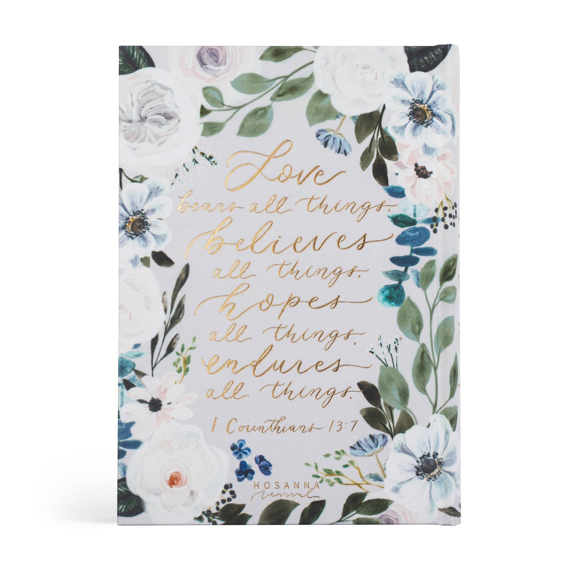Notebook with floral design and text on a white background