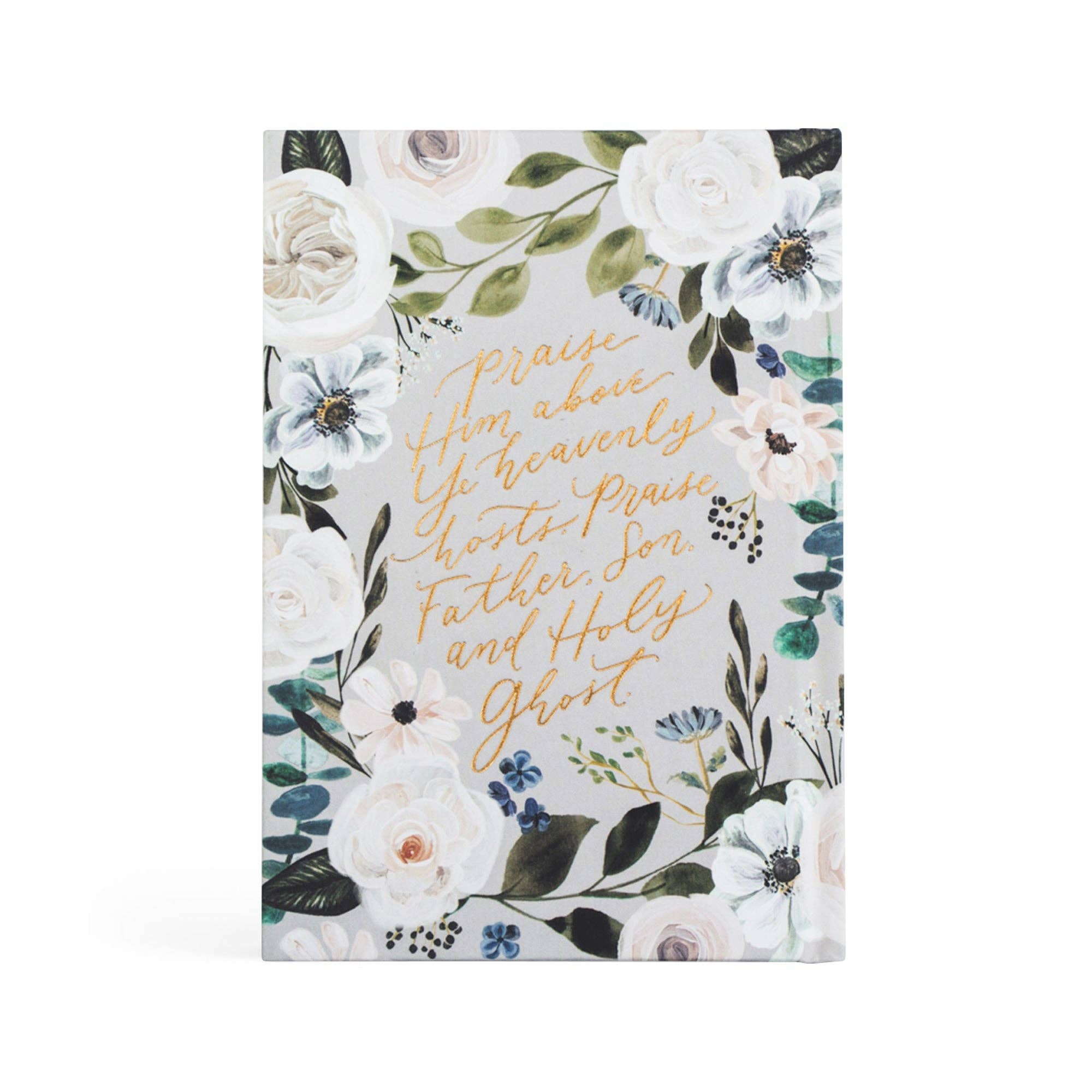 Floral design with gold text on a white background