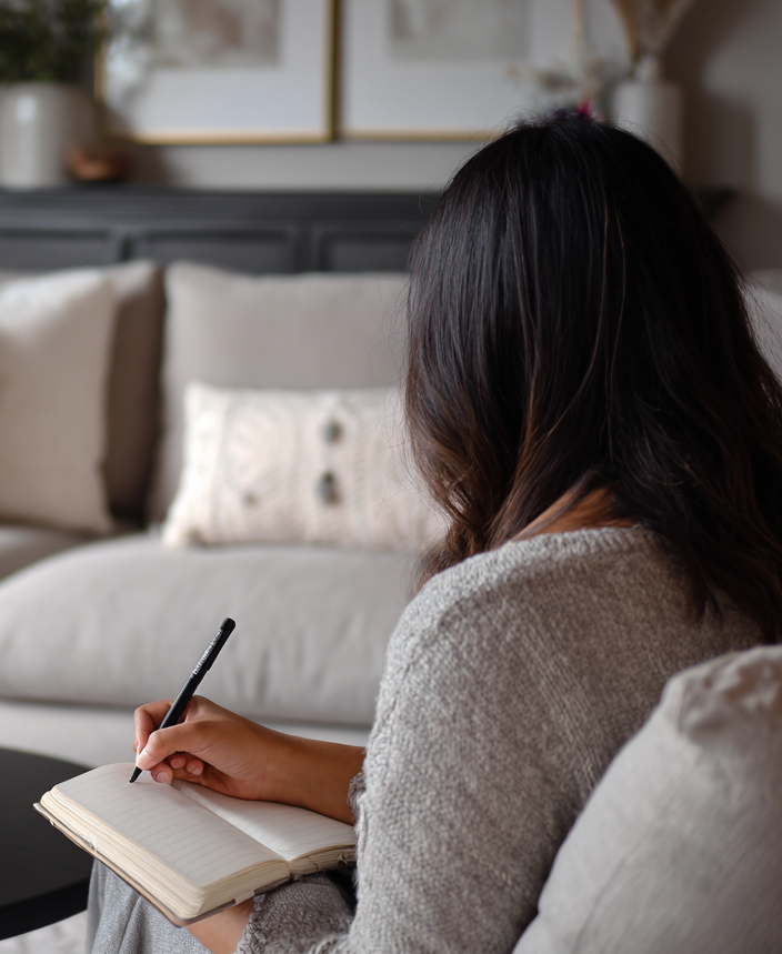 Person sitting on a couch in a living room, writing in a notebook.